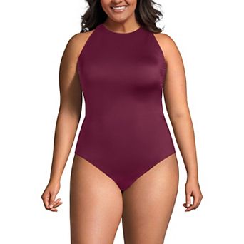 Plus Size Lands' End Tugless High Neck Portrait Back One-Piece Swimsuit