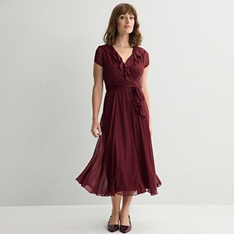 Women's Maison Tara Wine Shimmer Ruffle V-Neck Chiffon Maxi Dress