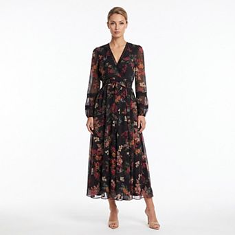 Women's Maison Tara Floral Lace Trim Chiffon Maxi Wrap Dress