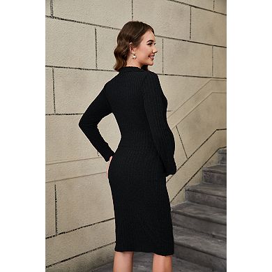 Women's Long Sleeve Ribbed Maternity V Neck Tight Midi Dress