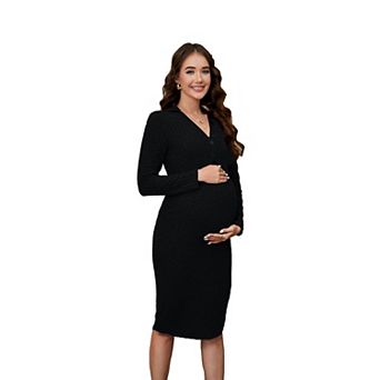 Women's Long Sleeve Ribbed Maternity V Neck Tight Midi Dress