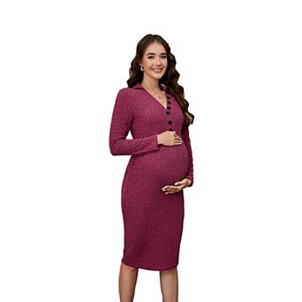 Women's Long Sleeve Ribbed Maternity V Neck Tight Midi Dress