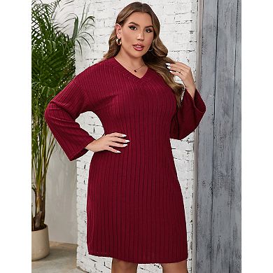 Women's Plus Size V Neck Sweater Dress Long Sleeve Drop Shoulder Ribbed Knit Midi Dresses