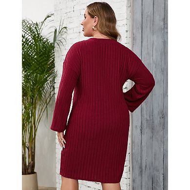 Women's Plus Size V Neck Sweater Dress Long Sleeve Drop Shoulder Ribbed Knit Midi Dresses