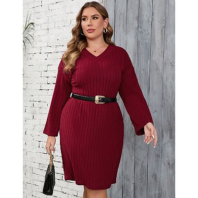 Women's Plus Size V Neck Sweater Dress Long Sleeve Drop Shoulder Ribbed Knit Midi Dresses