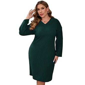 Women's Plus Size V Neck Sweater Dress Long Sleeve Drop Shoulder Ribbed Knit Midi Dresses