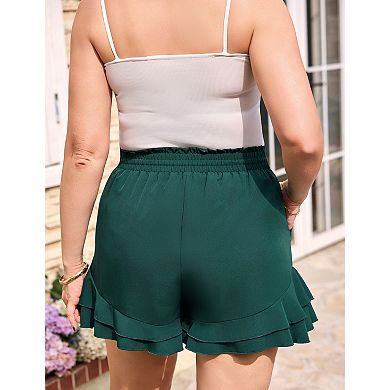 Plus Size Womens Drawstring Summer Shorts Casual High Waist Ruffle Wide Leg Beach Shorts