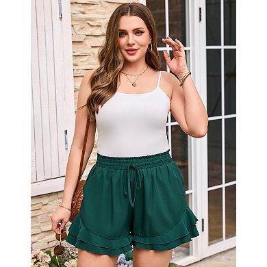 Plus Size Womens Drawstring Summer Shorts Casual High Waist Ruffle Wide Leg Beach Shorts