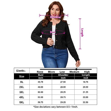 Women's Plus Size Cable Knit Button Front Cropped Long Sleeve Cardigan