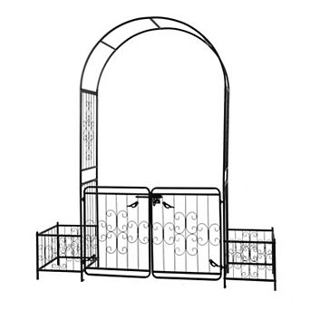 Outdoor Garden Arch Arbor with Gate and Side Plant Stands for Backyard Entry