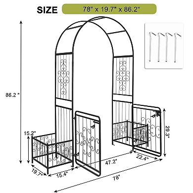 Outdoor Garden Arch Arbor with Gate and Side Plant Stands for Backyard Entry