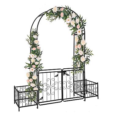 Outdoor Garden Arch Arbor with Gate and Side Plant Stands for Backyard Entry