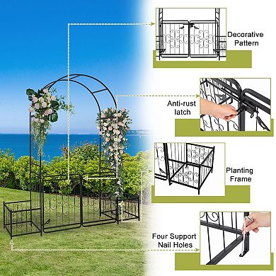 Outdoor Garden Arch Arbor with Gate and Side Plant Stands for Backyard Entry