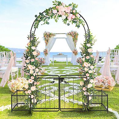 Outdoor Garden Arch Arbor with Gate and Side Plant Stands for Backyard Entry