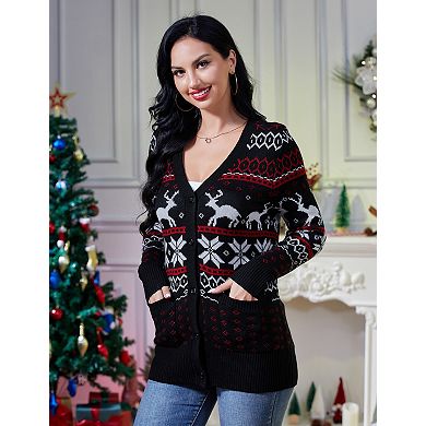 Women's Christmas Long sleeve Cardigan V Neck Button Down with Pockets