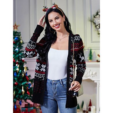 Women's Christmas Long sleeve Cardigan V Neck Button Down with Pockets