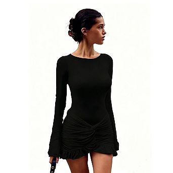 Women's Twist Front Long Sleeve Round Neck Fitted Mini Dress Ruffle Hem Casual Dresses