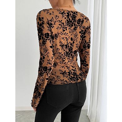 Women's Lightweight Long Sleeve V Neck Lace T-Shirt Blouses