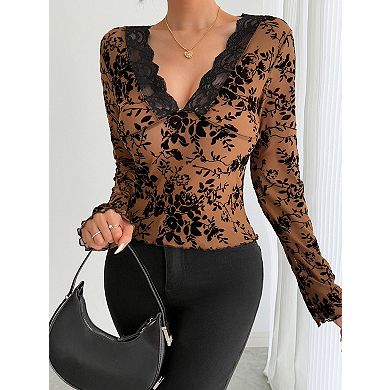 Women's Lightweight Long Sleeve V Neck Lace T-Shirt Blouses