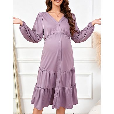 Women's Maternity Maxi Dress V-Neck Button Front with Flutter Sleeves and Flowy Ruffle Hem