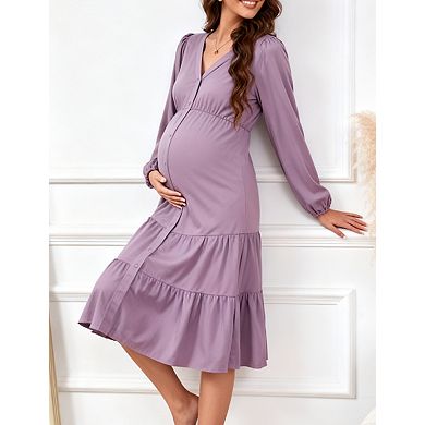 Women's Maternity Maxi Dress V-Neck Button Front with Flutter Sleeves and Flowy Ruffle Hem
