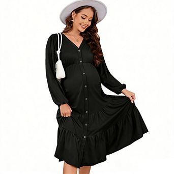 Women's Maternity Maxi Dress V-Neck Button Front with Flutter Sleeves and Flowy Ruffle Hem