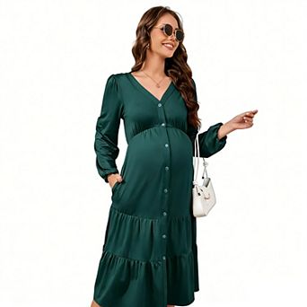 Women's Maternity Maxi Dress V-Neck Button Front with Flutter Sleeves and Flowy Ruffle Hem