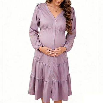 Women's Maternity Maxi Dress V-Neck Button Front with Flutter Sleeves and Flowy Ruffle Hem