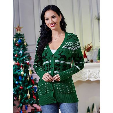 Women's Long sleeve V Neck Button Down with Pockets Christmas Cardigan