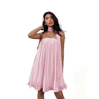 Women's Halter Scarf Pleated Mini Dress Sleeveless Strapless Flowy Chiffon A Line Dresses