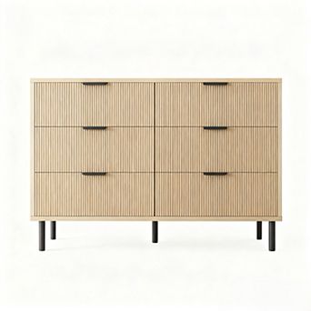 6 Drawer Dresser, Wide Wood Double Dresser with Metal Legs and Handles, Modern Chest of Drawers