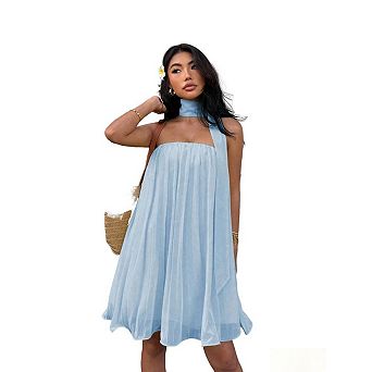 Women's Pleated Halter Scarf Mini Dress Sleeveless Strapless Flowy Chiffon A Line Dresses