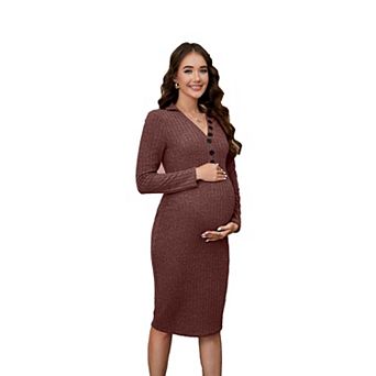 Women's Maternity V Neck Long Sleeve Ribbed Tight Midi Dress