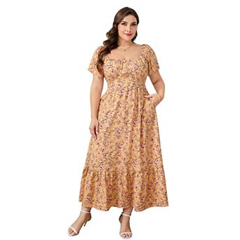 Women's Plus Size Maxi Dress, Square Neck Short Sleeve High Waist Ruffle Hem A Line Dress