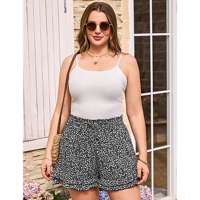 Womens Plus Size Summer Shorts Casual High Waist Ruffle Wide Leg Drawstring Beach Shorts