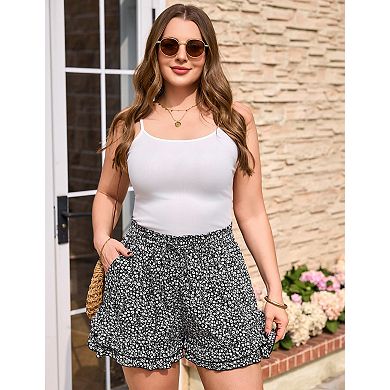 Womens Plus Size Summer Shorts Casual High Waist Ruffle Wide Leg Drawstring Beach Shorts