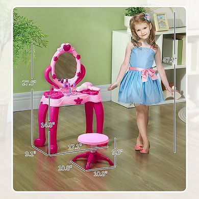 Qaba Kids Vanity Set with Mirror and Stool, Light and Sound, 15 Accessories