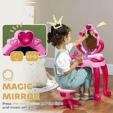 Qaba Kids Vanity Set with Mirror and Stool, Light and Sound, 15 Accessories