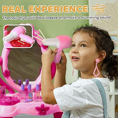 Qaba Kids Vanity Set with Mirror and Stool, Light and Sound, 15 Accessories