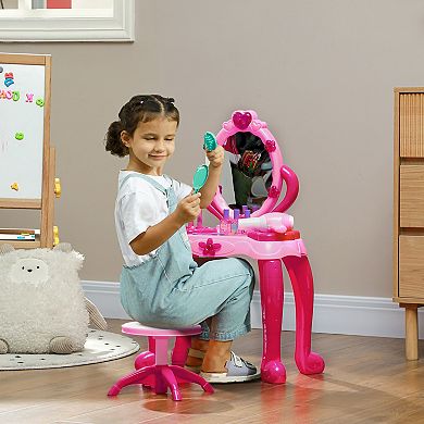 Qaba Kids Vanity Set with Mirror and Stool, Light and Sound, 15 Accessories
