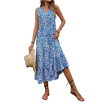 Bohemian Vacation Dress for Women Trendy Boho Sleeveless with Button Down Front Dress