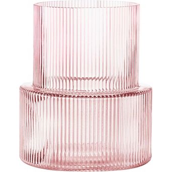 Ribbed Glass Vase, 7.5 Inch Modern Vase for Tulips & Bouquets, Home & Wedding Decor