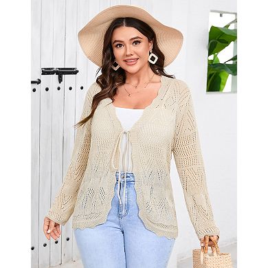 Women's Plus Size Long Sleeve Tie Front Cardigan Sweater