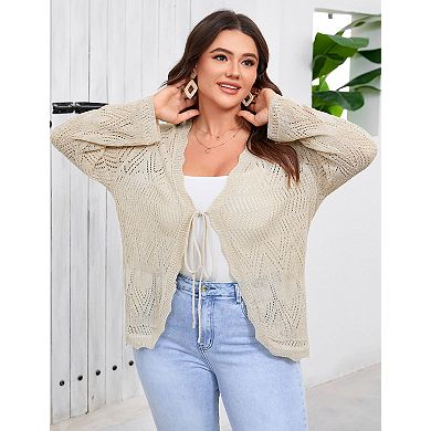 Women's Plus Size Long Sleeve Tie Front Cardigan Sweater