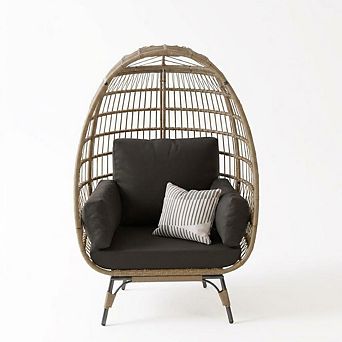 Wicker Egg Chair with Plush Cushions, Indoor & Outdoor Lounge Chair for Living Room & Bedroom