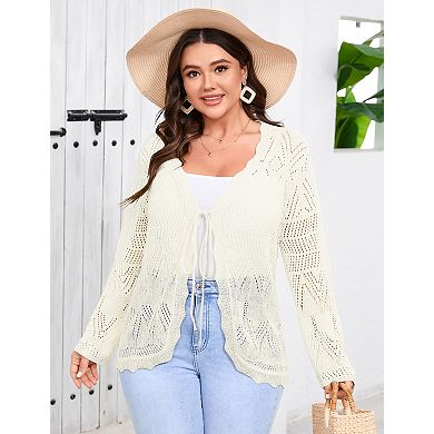 Women's Plus Size Long Sleeve Tie Front Cardigan Sweater