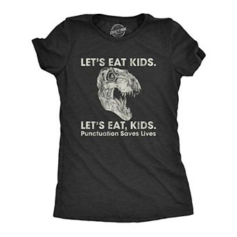 Womens Lets Eat Kids Punctuation Saves Lives T Shirt Funny Dinosaur Grammar Police Graphic Tee