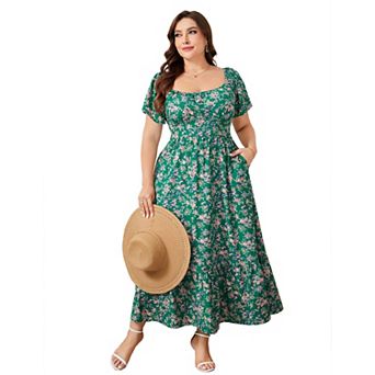 Women's Plus Size Square Neck Maxi Dress Short Sleeve High Waist Ruffle Hem A Line Dress