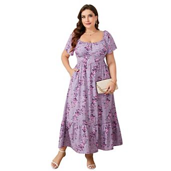 Women's Plus Size Square Neck Maxi Dress Short Sleeve High Waist Ruffle Hem A Line Dress