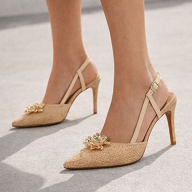 Lady Godiva Floral Embellished Slingback pointed toe Dress Pumps